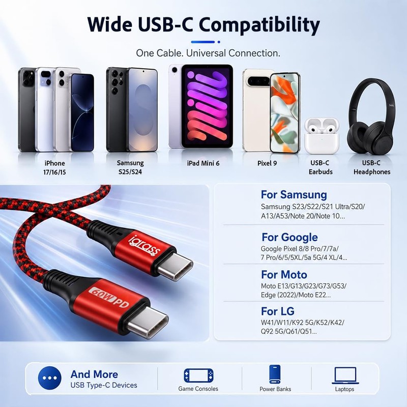 USB-C to USB-C Cable, Type-C 60W Fast Charging Cable (10 FT, 5Pack) for iPhon... gallery