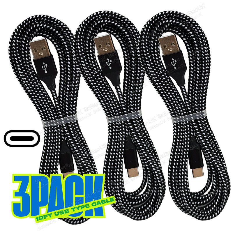 3X 10ft Type C Fast Charge Cable USB C Braided Cord For Samsung iPhone 15 16 17