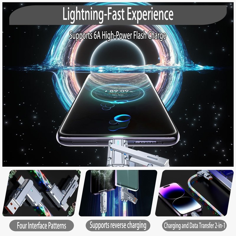 4in1 Multi USB Charger Cable LED Light Up Flowing 39 Inch PD Fast Red Cord gallery