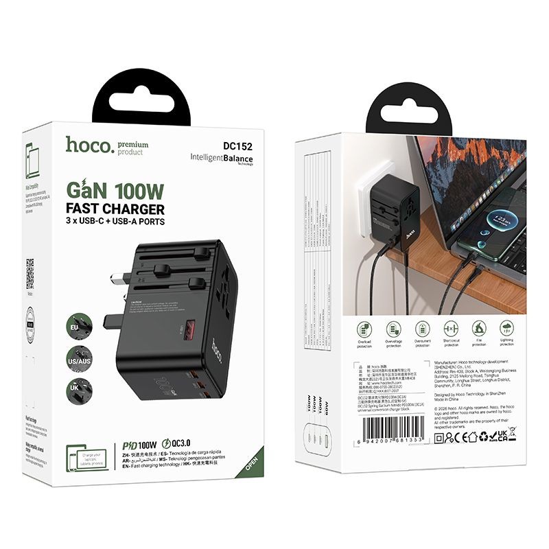 Hoco Travel Adapter 100W GaN with Fast Charging 4 Port Type-C and USB-A - Black gallery