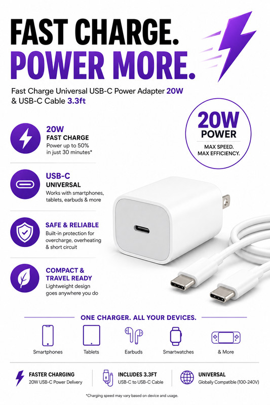 Fast Charge Universal Type-C Wall Charger and USB-C Cable (3.3in) gallery