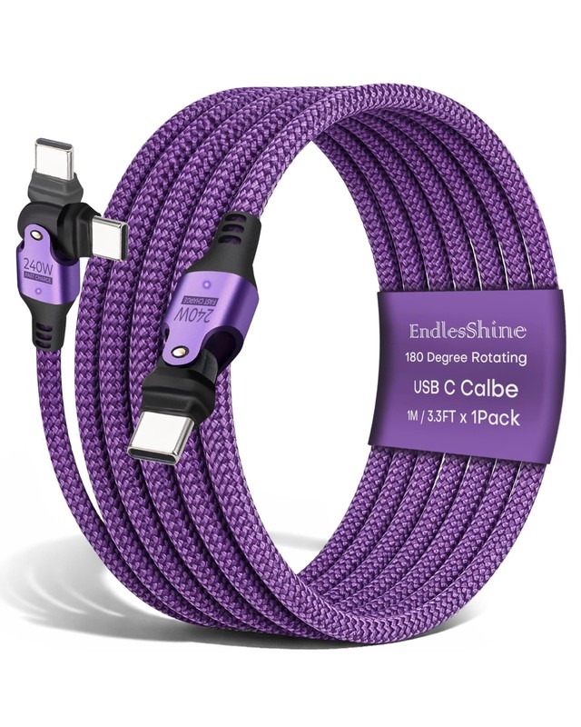 USB Cable Type C to C 180° Rotation PD 240W (1- Pack 3.3ft) USB2.0 480MBPS & ...