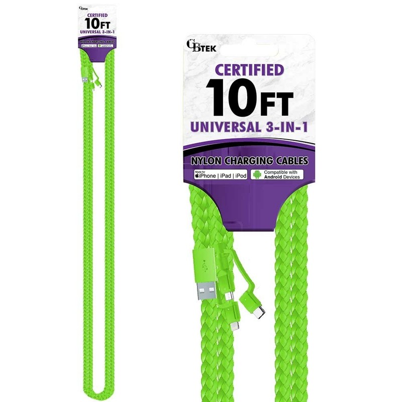 CBTEK 3-in-1 10ft Nylon Hanging Charging Cables - Fast Charging gallery