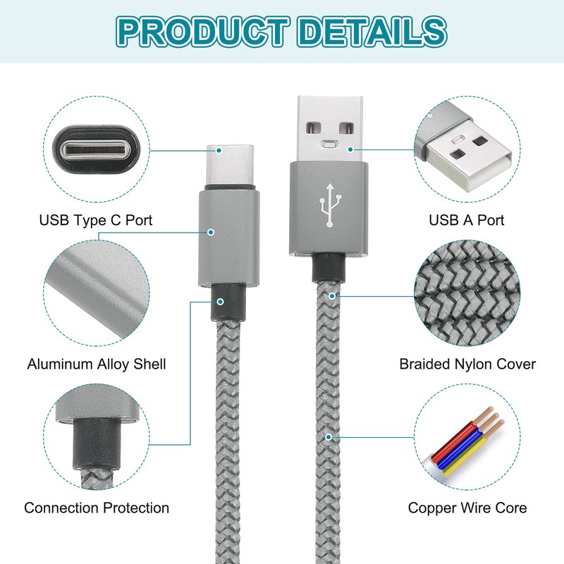 3.28ft USB Type C Charger Cable 2.4A Type-C Braided Charging Data Cord Grey gallery