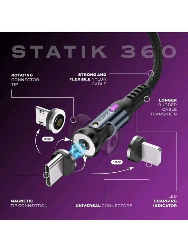 Statik 360 Rot. Universal Magnetic Charging Cable 6ft/1.8m with 3 Magnetic Tips gallery