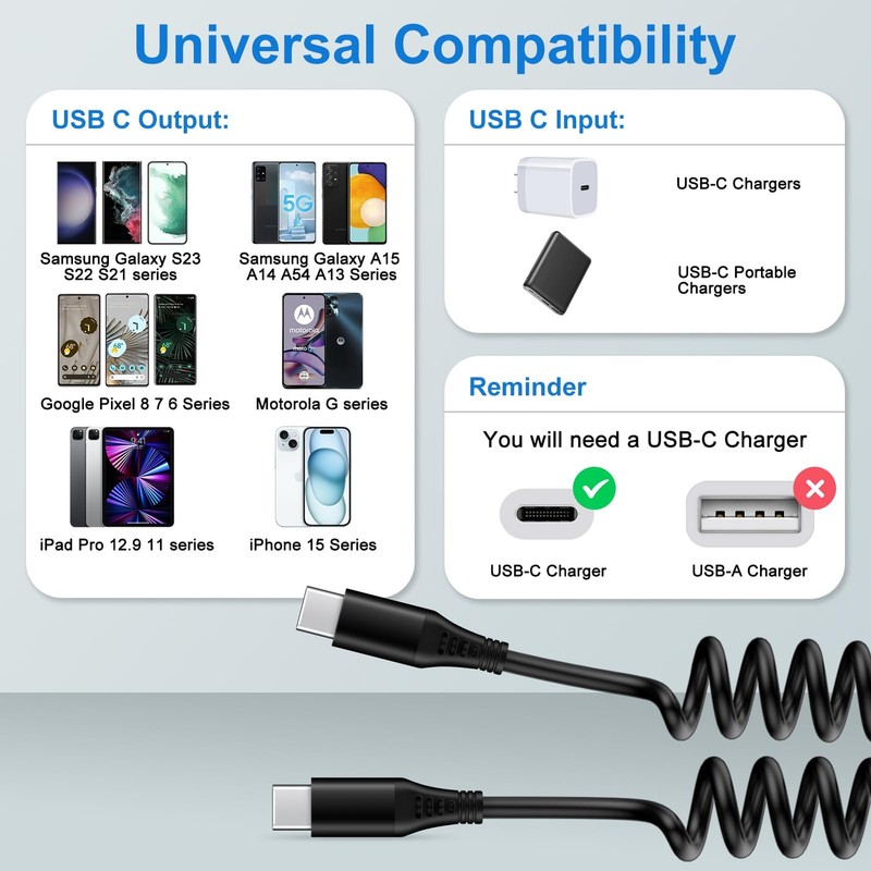 iPhone 17 Air 16e 16 15 Pro Max Charger Cable 3FT for Car, Coiled USB C Black gallery
