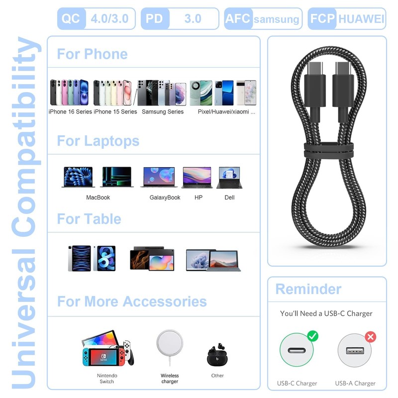 5-Pack USB C Cable 6FT C To C 60W 3A Black And White Fast Charging Wire Cord PC gallery
