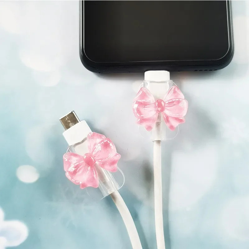2pcs Silicone Charging Cable Protector with Bow Pink Adorable gallery