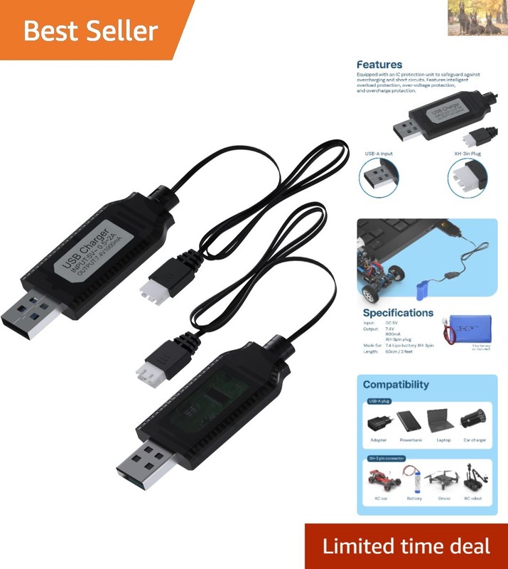 2 Pack USB Charger Cable for 7.4V LiPo & Li-ion Batteries – Fast 4 Hour Charge