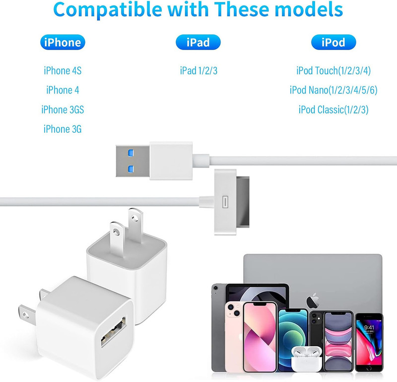 2 Pack 30-Pin to USB-C Cable for Iphone 4 | 2 Pack 5W USB Charger Adapter| Mfi gallery