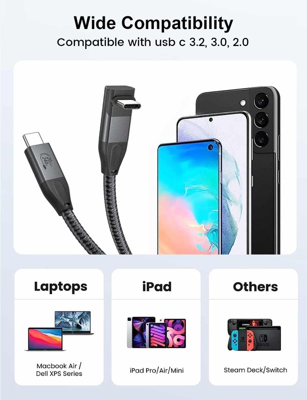 USB C to USB C Cable - 3.3ft, 90 Degree, 20Gbps Data Transfer, 4K Video, 240W... gallery