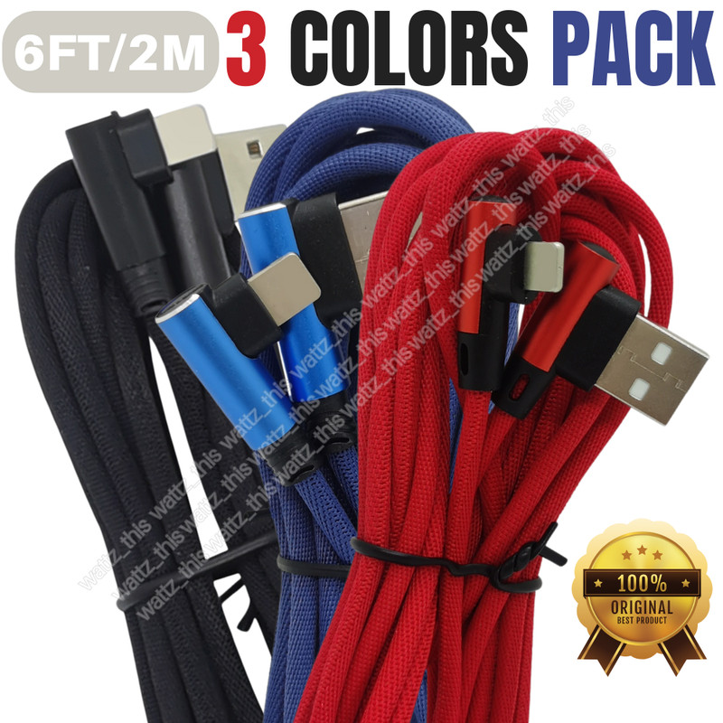3 Pack 6Ft 90-Degree Angle USB Charging Cable For iPhone 14 12 XR 8 Charger Cord
