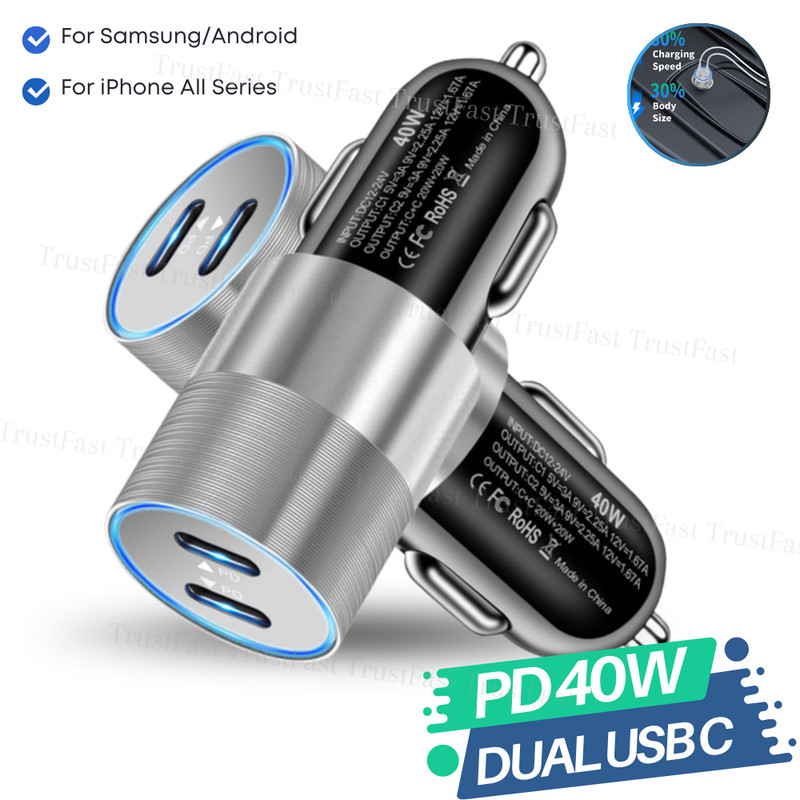12V Dual USB C Car Phone Fast Charger Plug 40W Type C Adapter Cigarette Lighter gallery