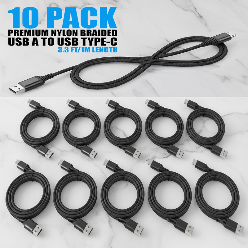 10-Pack USB Type-C Cables [3.3 Ft / 1 M | 3A Fast Charge | Braided] – USB-A to U gallery