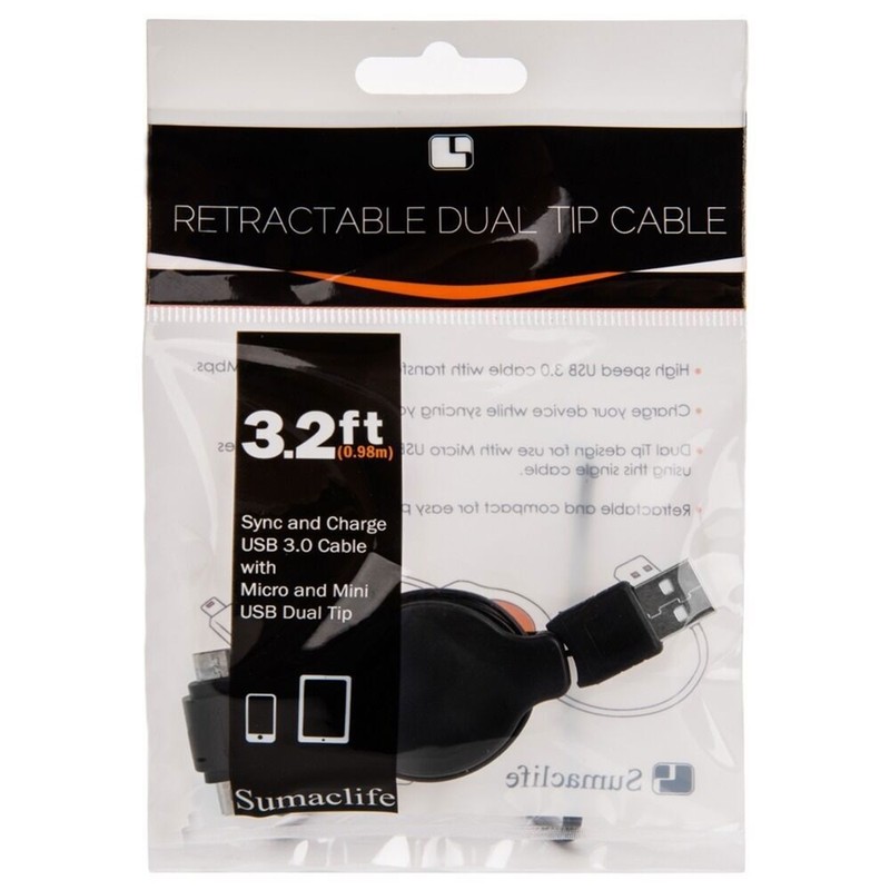 Black Retractable Dual-Tip Micro and Mini USB Cable Charging Sync Data Cable gallery