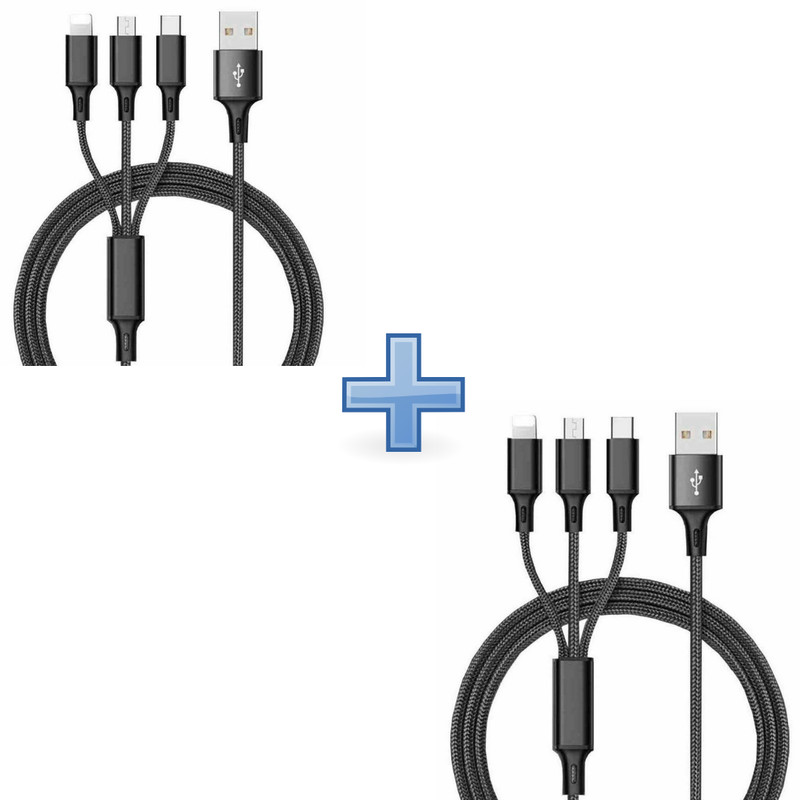 Split 3in1 Cable Charger Universal MultiFunction Phone Charger Cord- BLACK x 2
