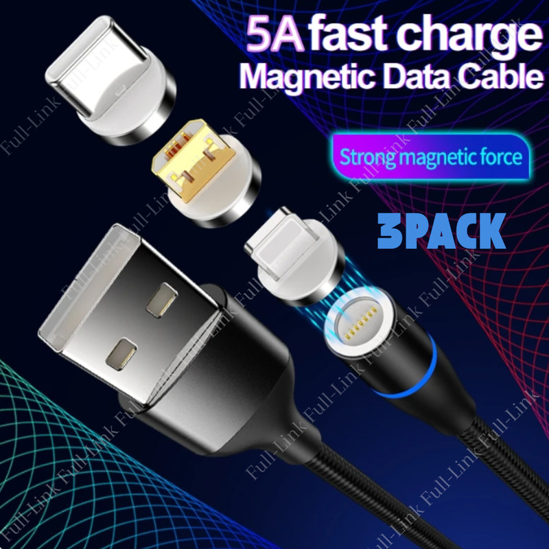 3 PACK Magnetic Phone Charger Fast Charging Cable For Micro USB/Type C/iPhone