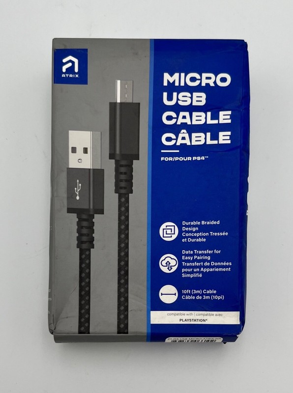 Atrix Micro USB Cable 10 Feet Cable Black Durable Braided Charger For PS4