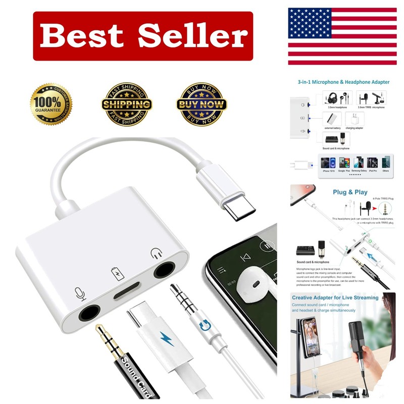 USB C to Microphone Adapter for Live-Streaming Type C to Microphone & 3.5mm H…