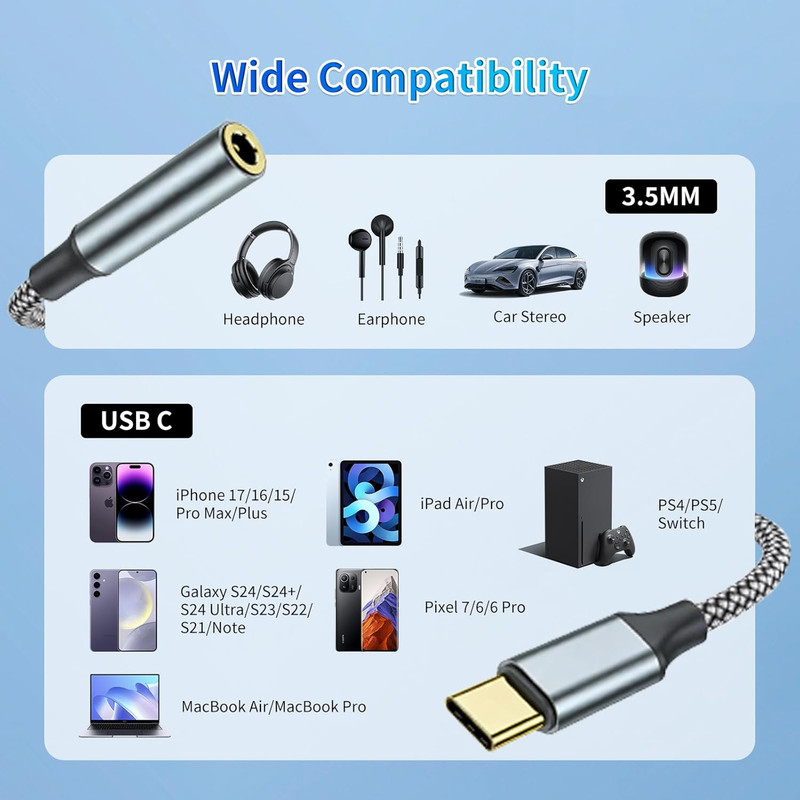 Usb C To 3.5mm Aux To Usb C Adapte(2 Pack), Usb C To Aux Adapter Type C Hi-Fi Us gallery