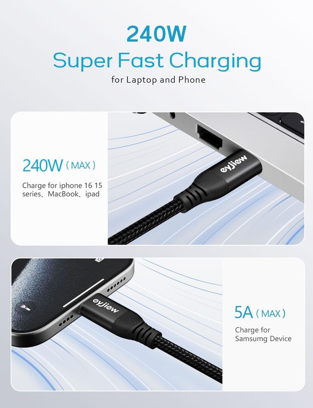 eyjiew 240W USB C to USB C Cable 10ft 2 Pack Long Type C Super Fast Charging gallery
