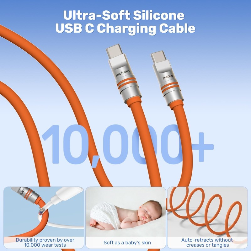 2 Pack USB C to USB C Cable 240W Fast Charging 4ft & 6.5ft, Waterproof Silicone gallery