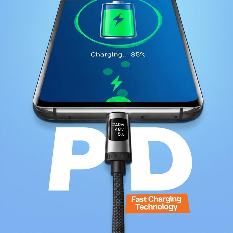 FASTER D8 240W USB-C to USB-C Cable 1.2m, 3.9 ft, OLED Display, 480 Mbps gallery