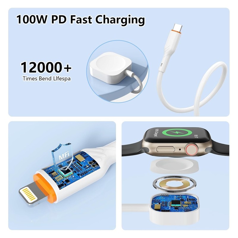 100W USB C Multi 3 in 1 Smart iWatch Charge Cable for iPhone/Apple Watch, Typ... gallery