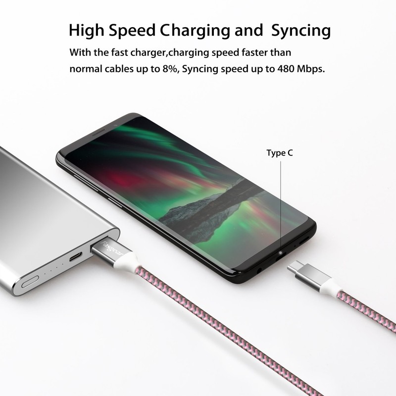 3 Pack 10ft Long USB C to A Cables 3A Fast Charging Cord Blue Purple Pink gallery