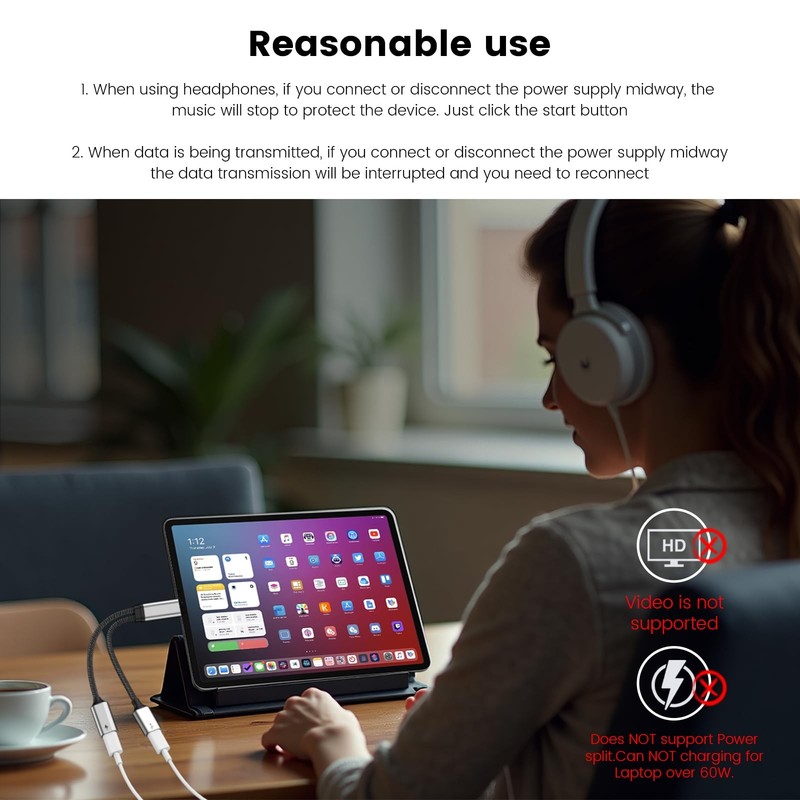 60W USB C Splitter Cable, 2-in-1 USB-C Male to Dual USB-C Female Charge While... gallery