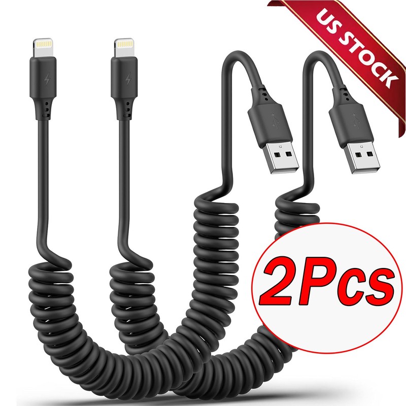 2Pcs Spring Coiled Cord Fast Charge&Data Cable For iPhone 14 13 12 11 PlusProMax