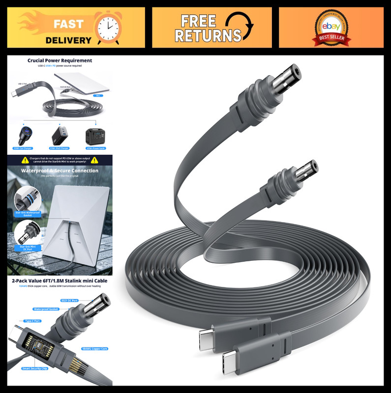 USB-C Power Cable 2-Pack 2m/6ft, 60W Flat Charger for Starlink, Car/RV Adapter