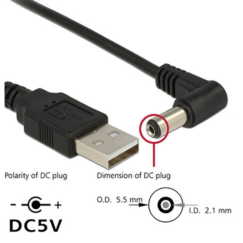 Right Angled 90° USB 2.0 Type A Male to DC 5.5x2.1mm Connector Cable 100cm gallery