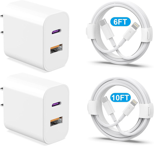 20W Dual Port Fast Charger Block 2-Pack with 6FT & 10FT MFi-Certified...