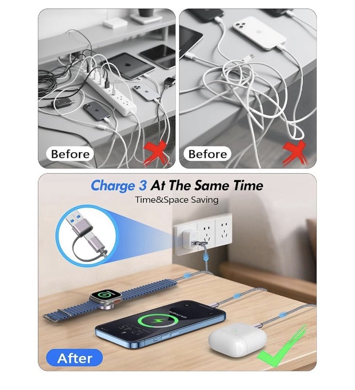 3-in-2 Braided Nylon Cable USB-A/C + Apple Watch, 4ft gallery