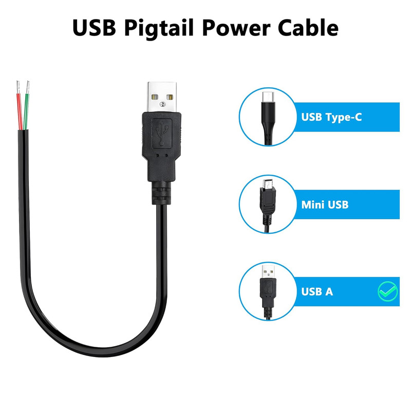 USB 2.0 to Bare Wire Cable, 0.3M USB-A Male to 2-Pin Open End Pigtail, 24AWG 5V gallery