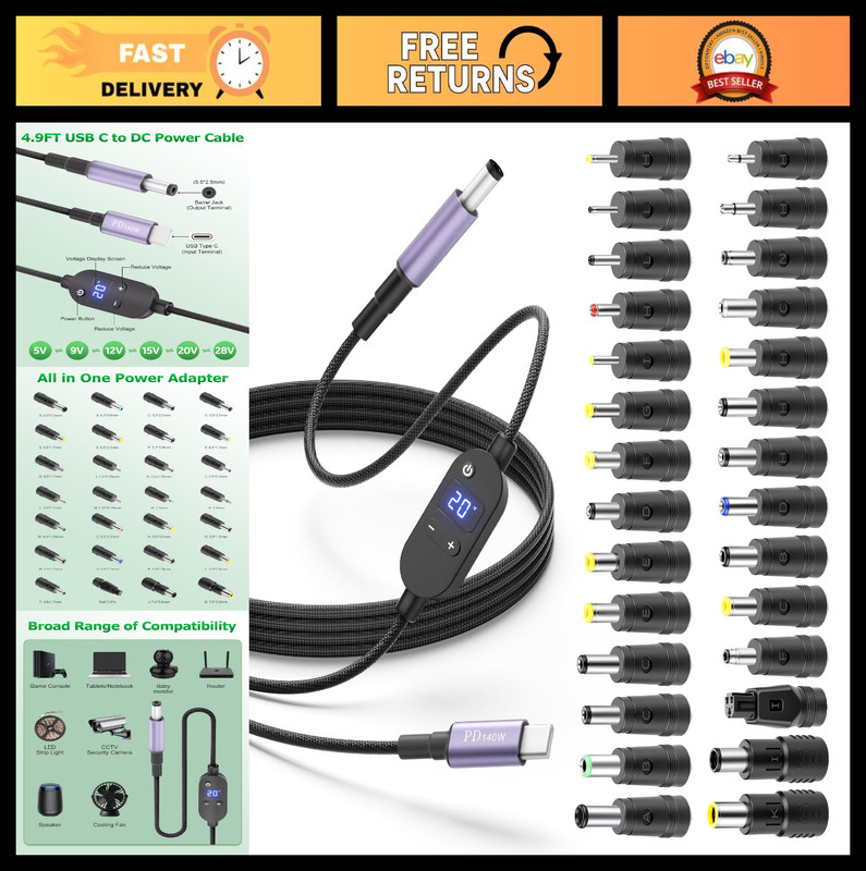 140W USB C to DC Adapter 5.5×2.5mm Barrel PD Trigger Cable 4.9FT, Multi Voltage
