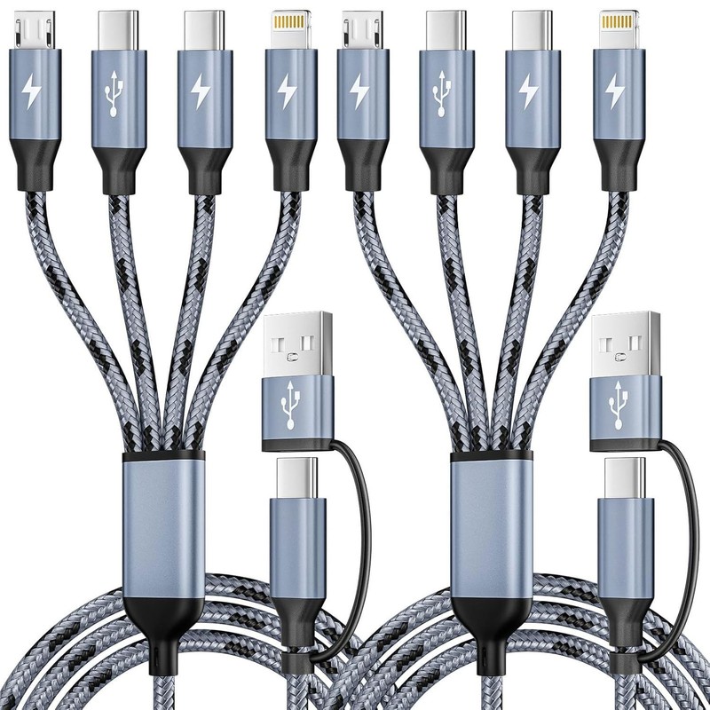 Travel Essentials, Dual Type-C 4 in 2 5FT*A+C to 2C+L+M*2PACK, Grey&Black