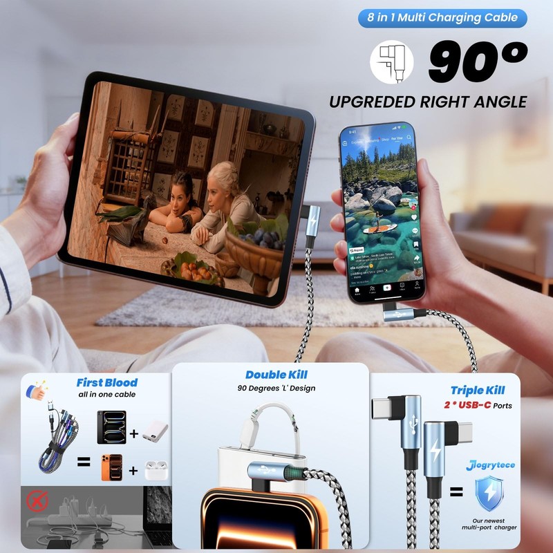 Travel Essentials 90 Degree Multi Charging Cable, 5FT 5F, 90° & Pastel Blue gallery