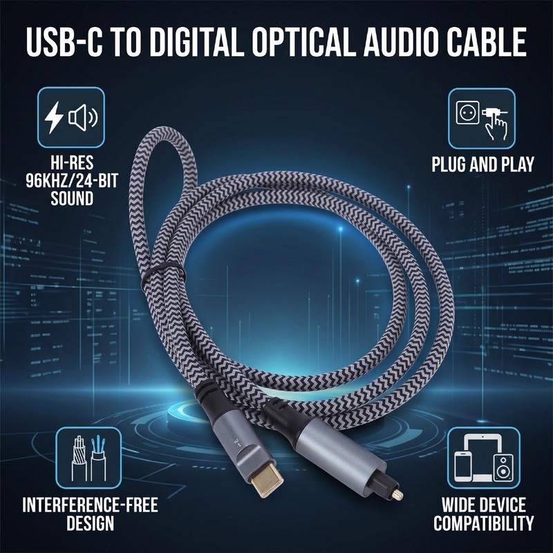 USB C To Optical Cable Type C To SPDIF Digital Aux Cord For Smartphone 3.94ft