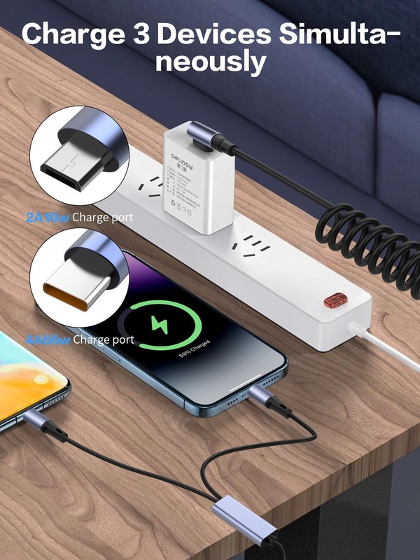 2in1 Coiled USB Charging Cable 90 Degree 1 To 2 Fast Charger Cord Micro gallery
