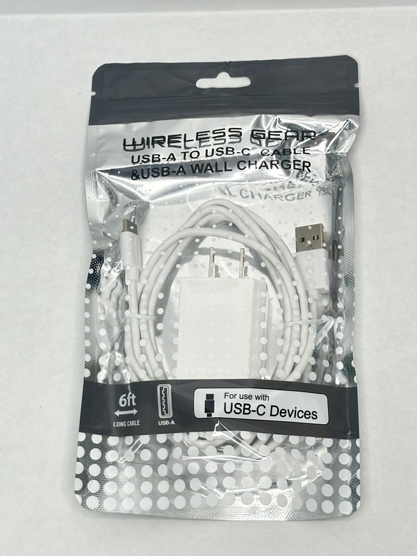 Wireless Gear USB-A to USB-C Cable & USB-A Wall Charger, White 6Ft Cable