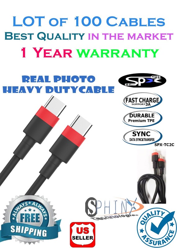 LOT 100x USB C to Type C Charger Cable Fast Charge Laptop Data Cord Year Warrant