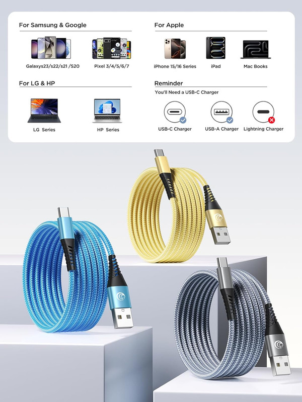 USB C Cable 10FT 3Pack Fast Charging Nylon Braided Long Type C Charger Cable for gallery