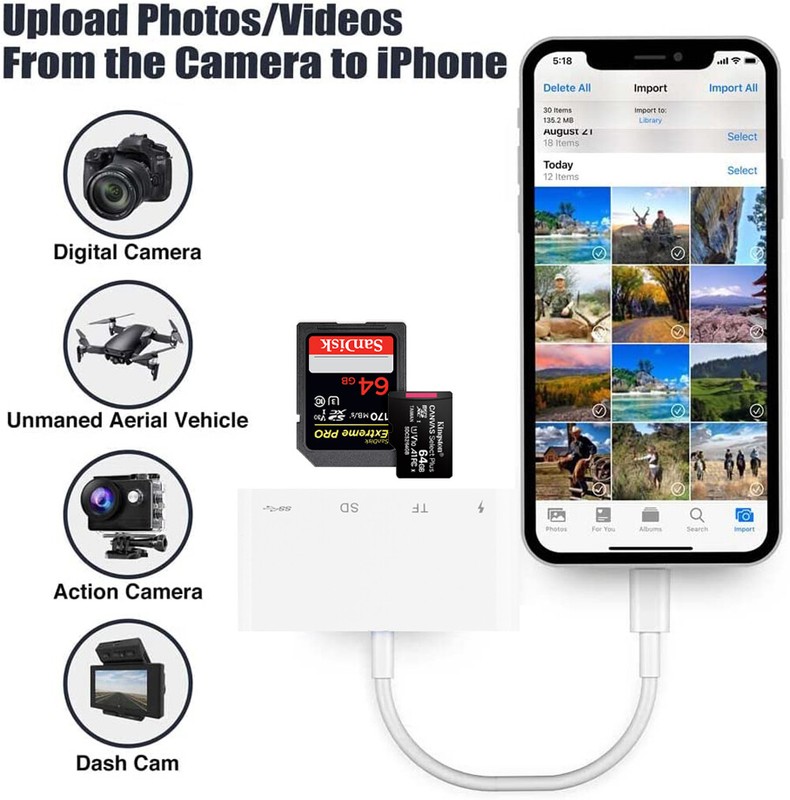 SD Card Reader USB Camera Adapter for iPhone 14 + Pro, Support Newest iOS 16 15+