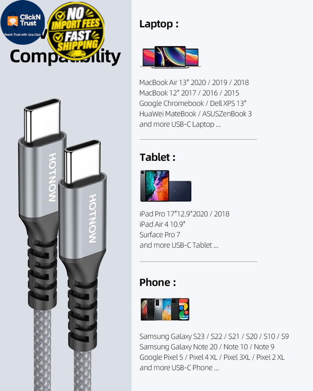 HOTNOW Short USB C to C Cable, 6 inch 3 Pack,Type C 0.5FT, Grey+White gallery