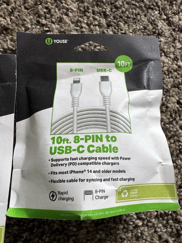 Youse 10ft 8-Pin to USB-C Fast Charge Cable, for iphone 14 or older bulk qty 30