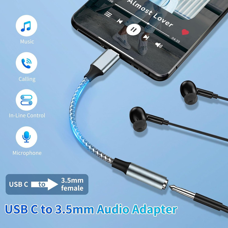 Usb C To 3.5mm Aux To Usb C Adapte(2 Pack), Usb C To Aux Adapter Type C Hi-Fi Us gallery