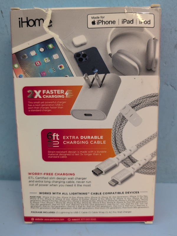 iHome Wall Charger Fast Charging Cable USB C 6ft White gallery