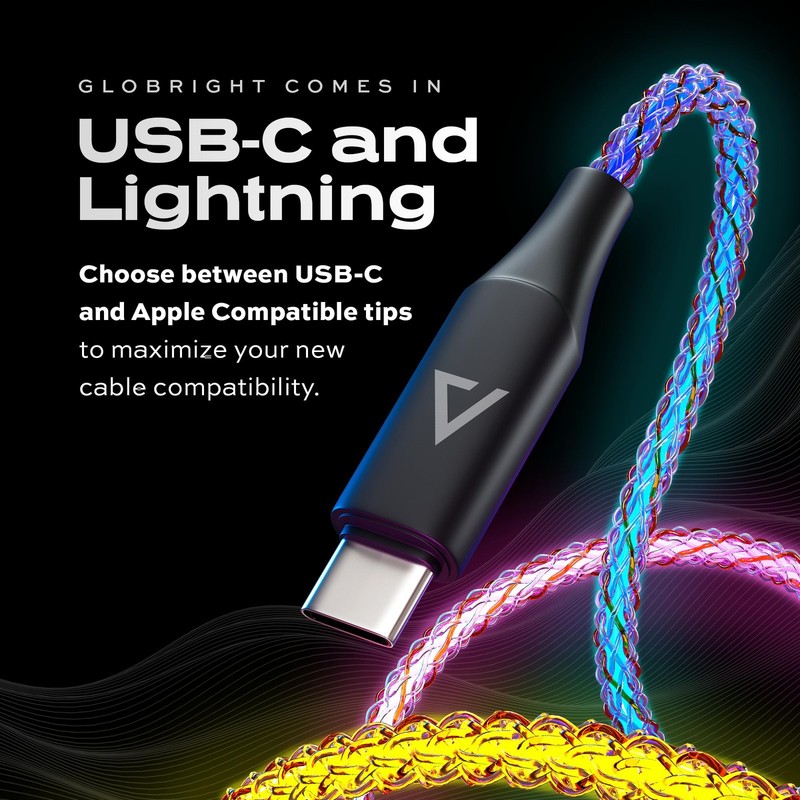 Light Up Charger Cable GloBright Braided LED Charging 100W 6 FT USB C to USB C gallery